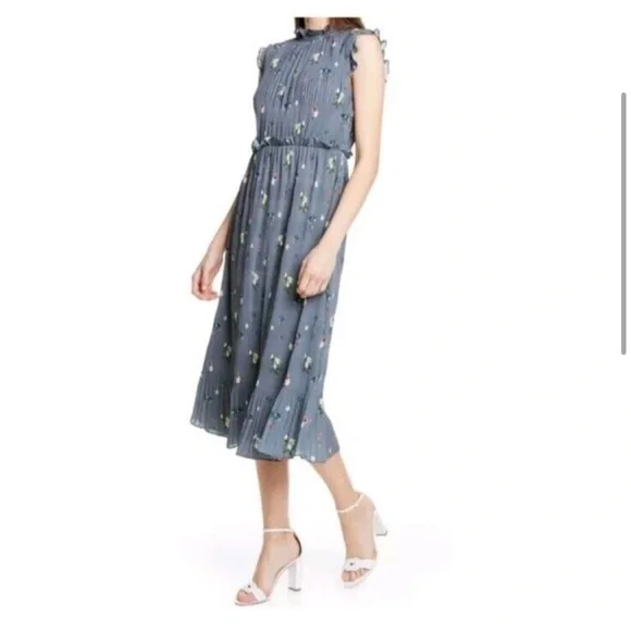 🛍️Ted Baker Toppaz Oracle Pleated Midi Dress Gray Women’s 3 Size 8 Floral - Picture 3 of 8